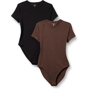 Amazon Essentials Women's 2 Pack Bodysuit SMALL Stretch Black Brown Slim-Fit